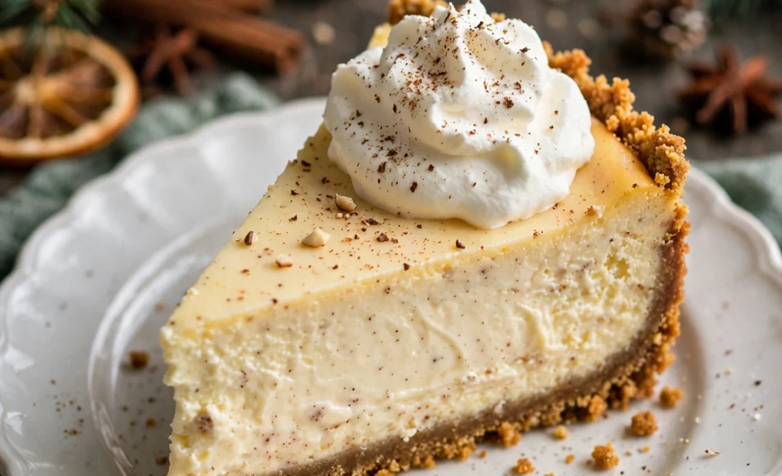 Slice of eggnog cheesecake with gingersnap crust dusted with nutmeg