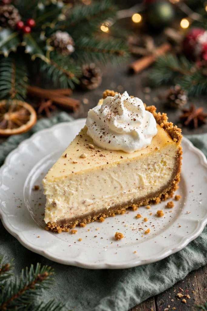 Slice of eggnog cheesecake with gingersnap crust dusted with nutmeg