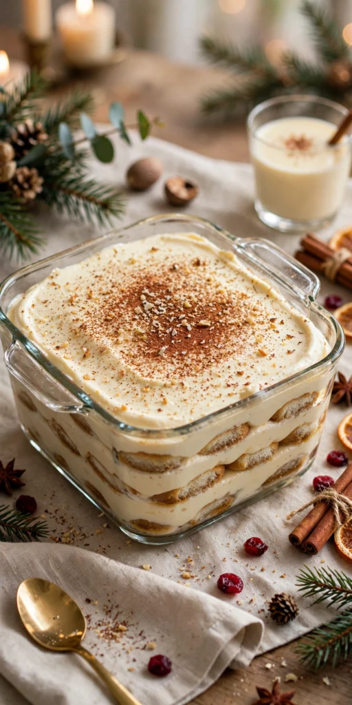 Eggnog tiramisu dusted with cocoa and nutmeg