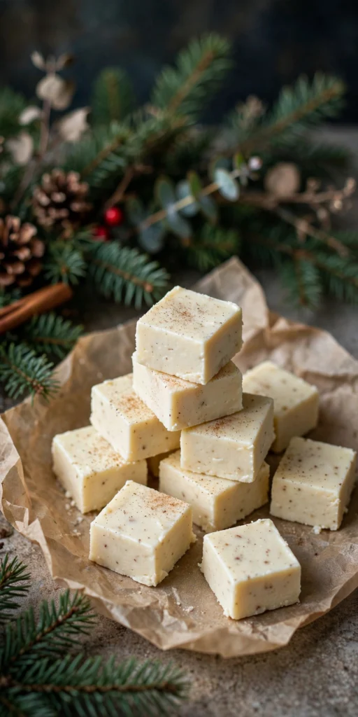Creamy eggnog fudge squares dusted with nutmeg