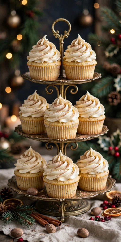 Eggnog cupcakes with swirled nutmeg frosting