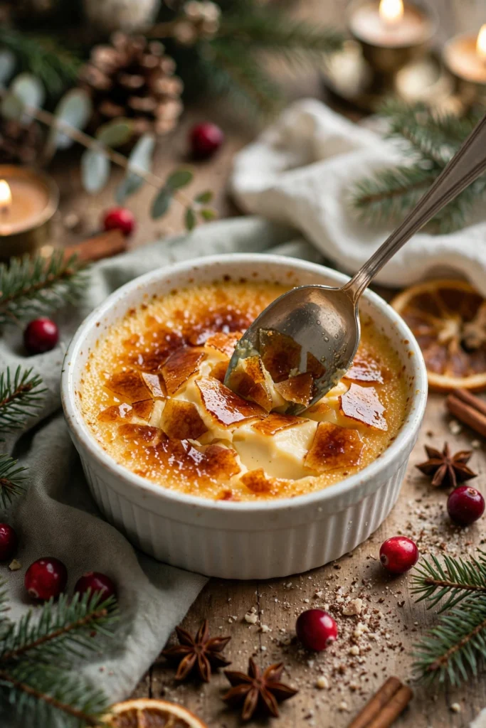 Eggnog crème brûlée with caramelized sugar crust