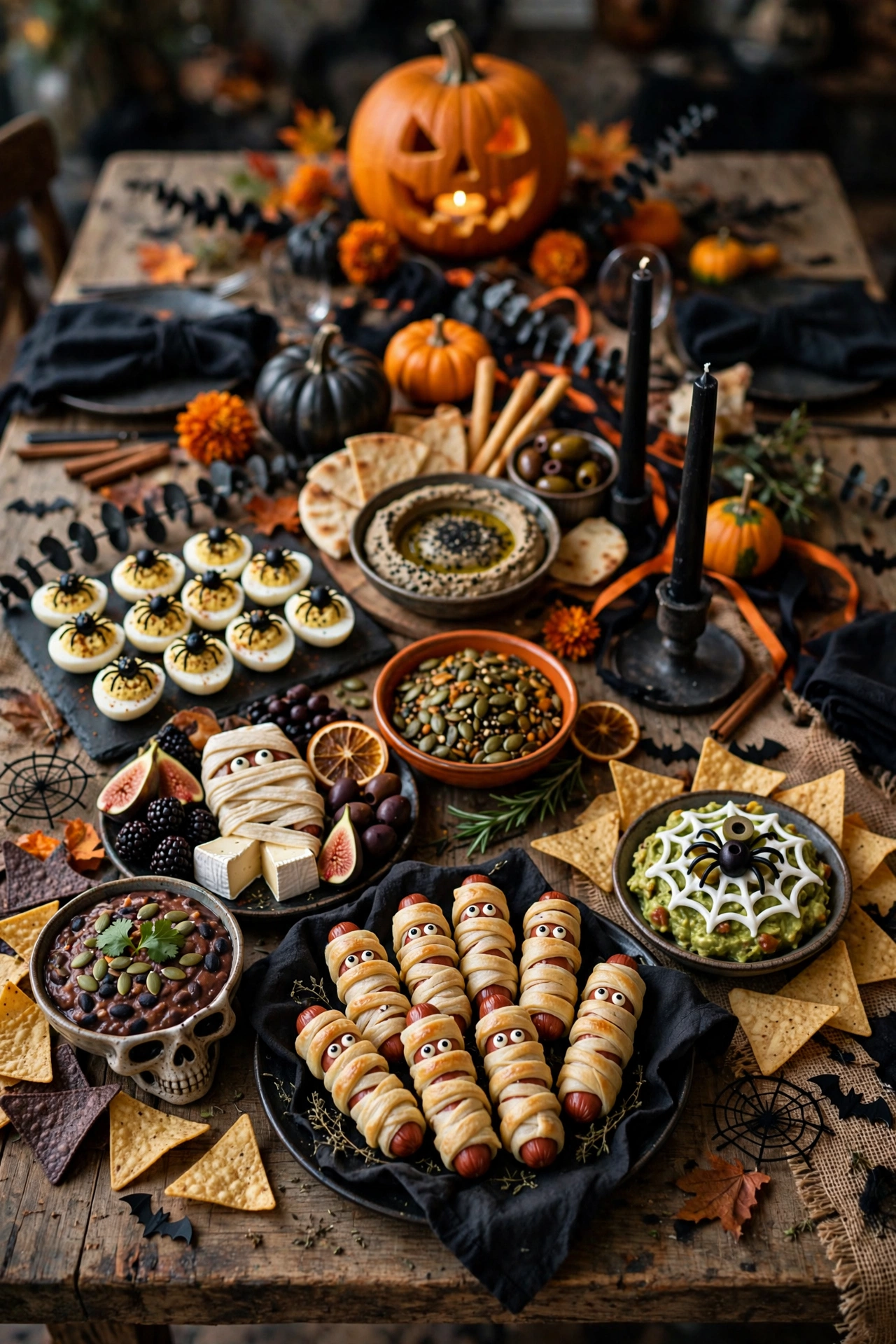 Halloween potluck party table with spooky appetizers and desserts