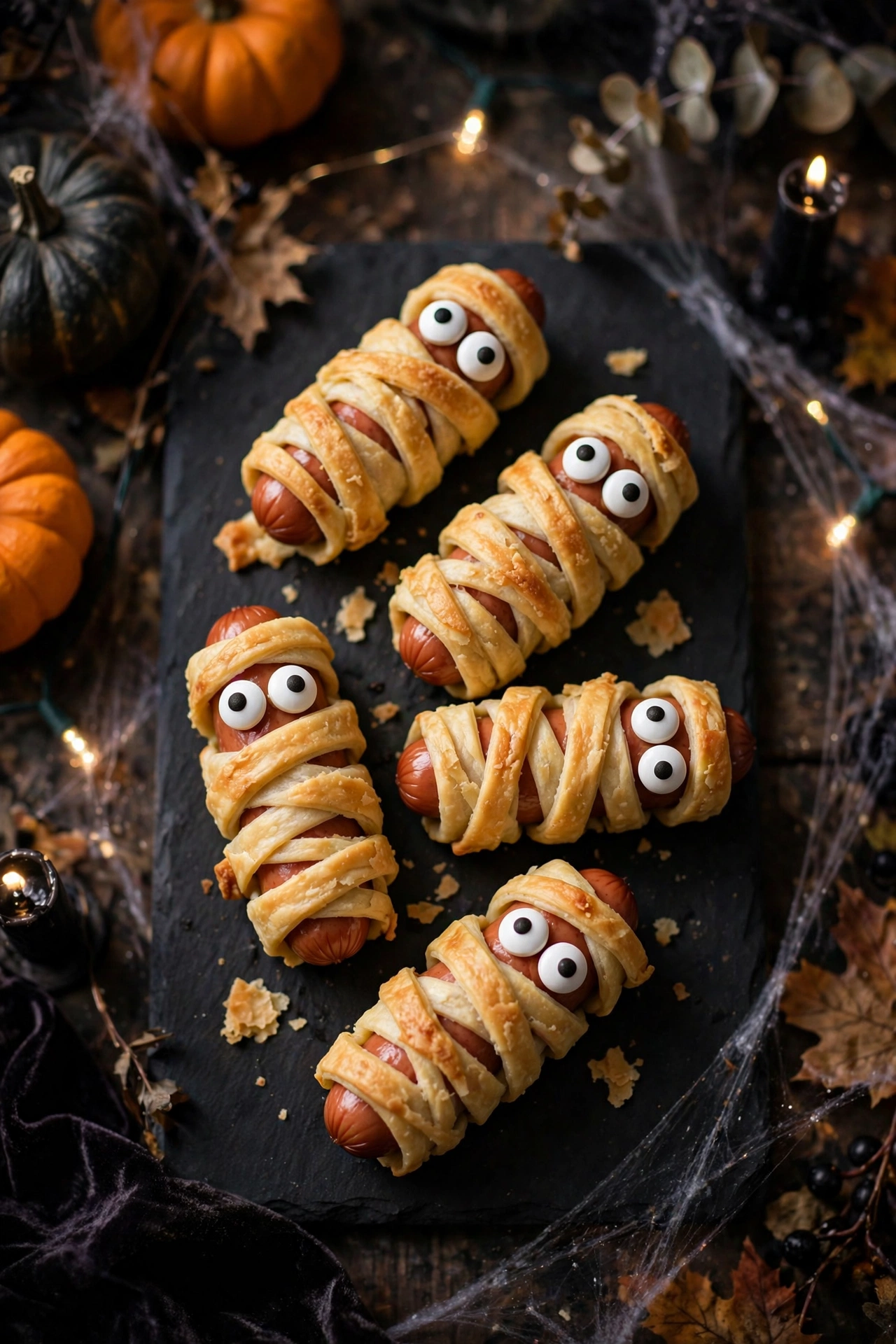 Mummy hot dogs wrapped in crescent dough with candy eyes