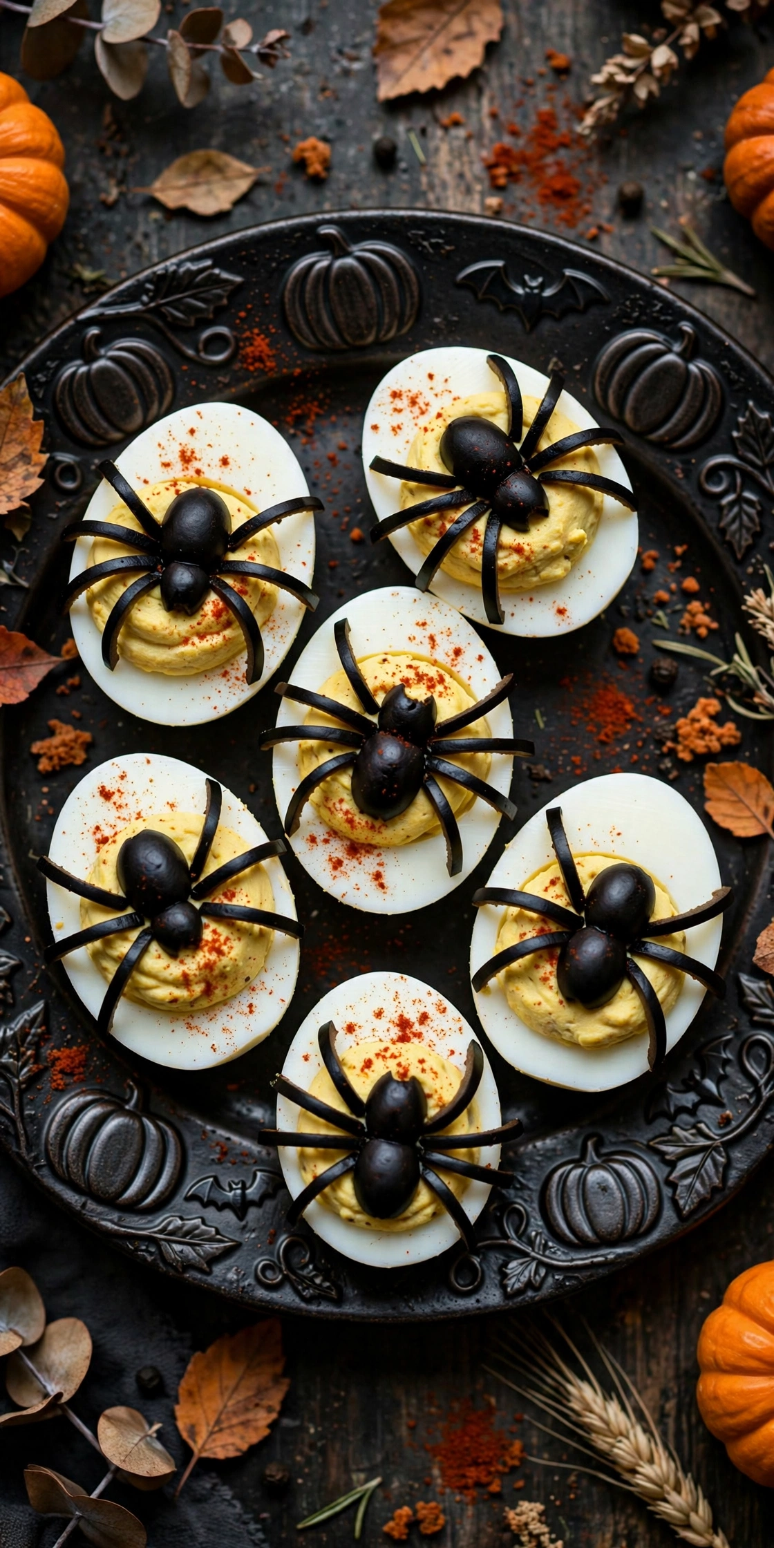Spider deviled eggs decorated with black olive spiders