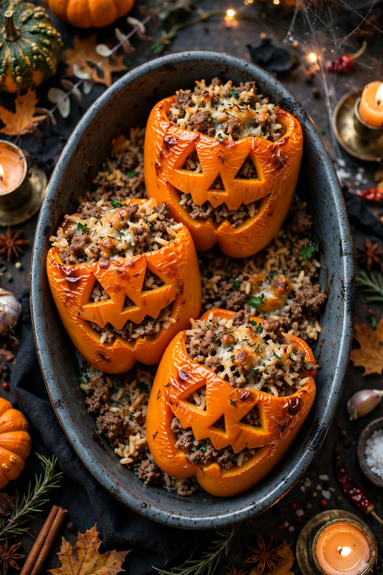 Jack-o'-lantern stuffed bell peppers