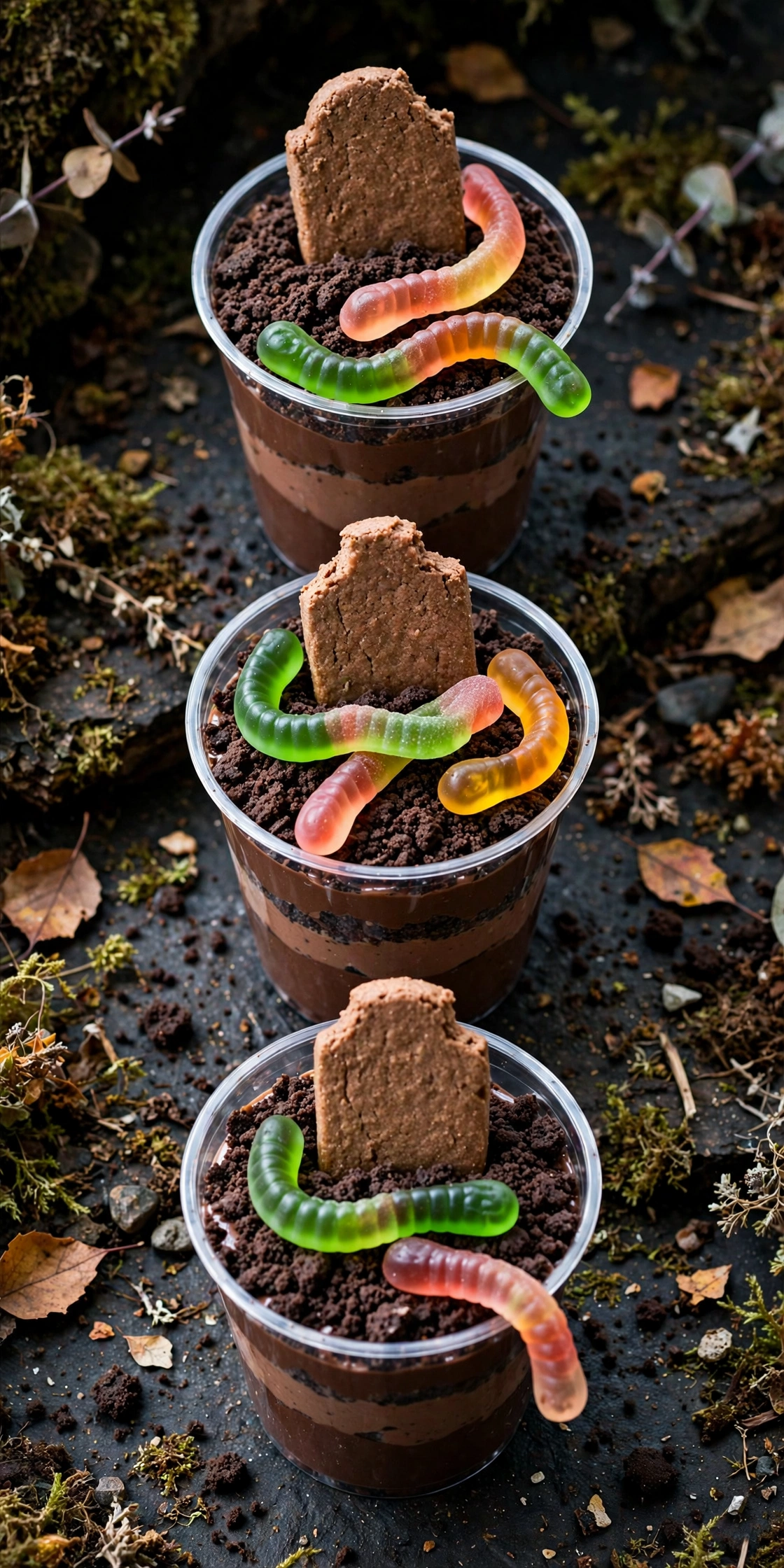 Graveyard dirt cups with Oreo crumbs and cookie tombstones