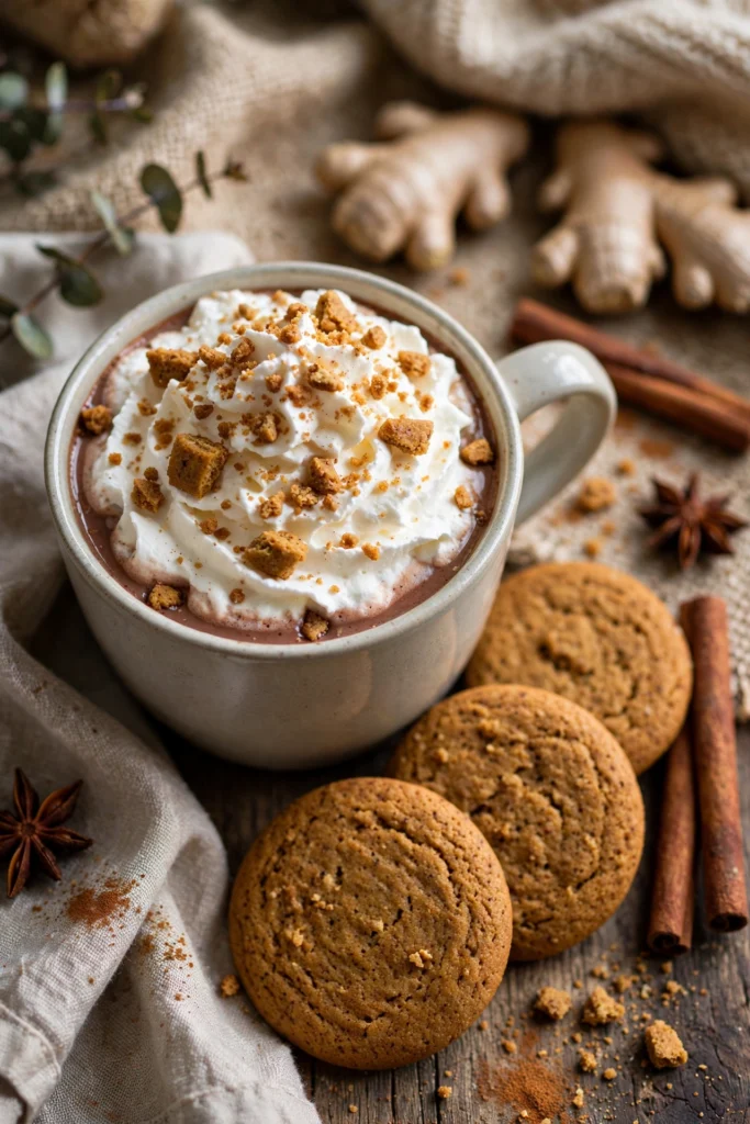 Gingerbread hot chocolate with whipped cream and gingersnap crumbs