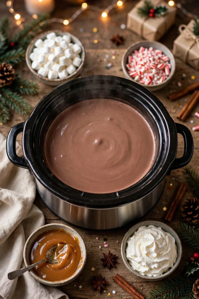 Slow cooker hot chocolate surrounded by a toppings bar