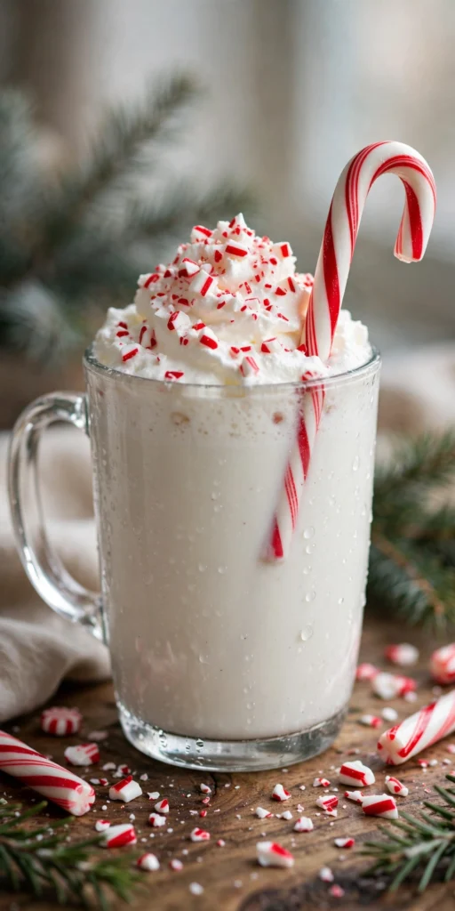 Peppermint white hot chocolate with crushed candy cane in a glass mug