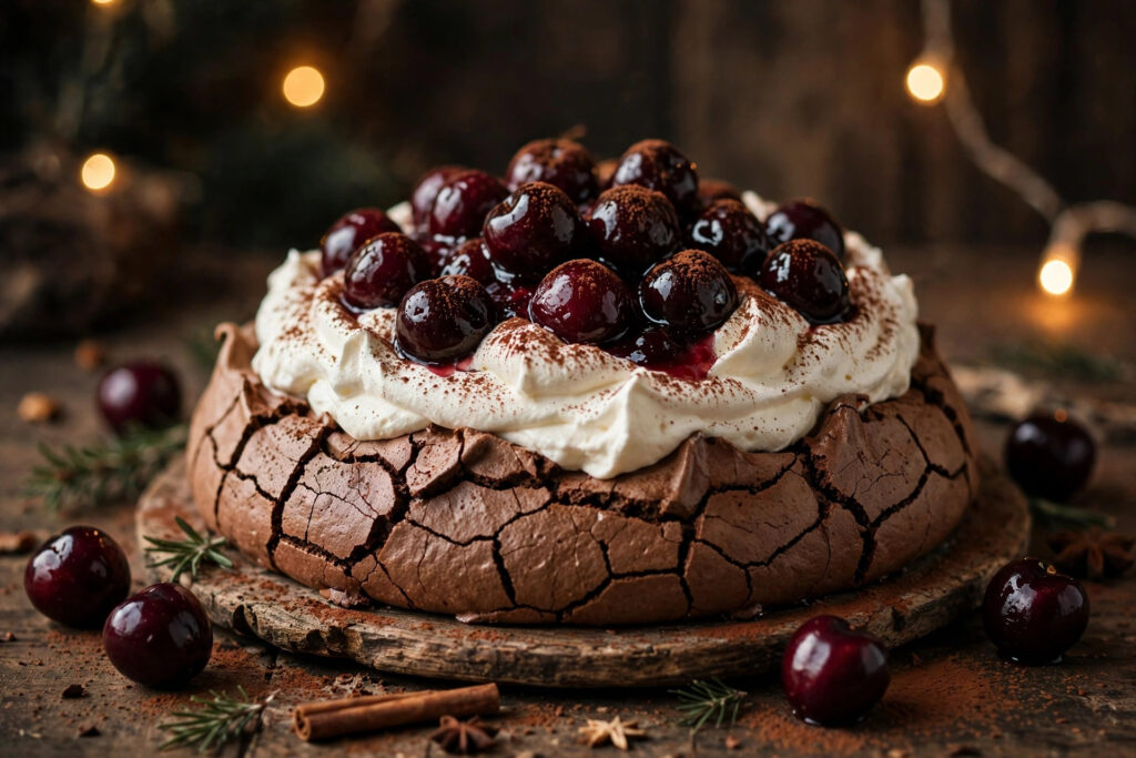 Chocolate Christmas pavlova topped with whipped cream and glossy dark cherries