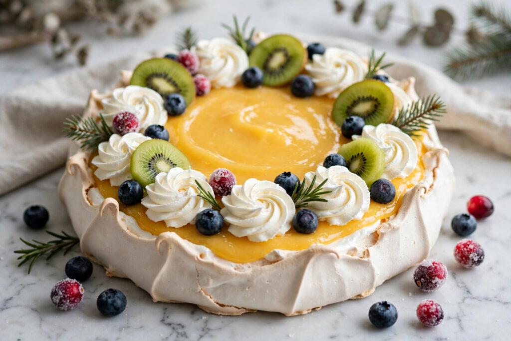 Lemon curd Christmas pavlova with piped cream rosettes, kiwi slices and blueberries