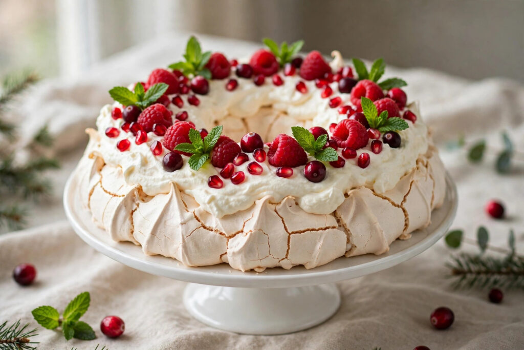 Christmas pavlova wreath with whipped cream, raspberries, pomegranate seeds and fresh mint on a white cake stand