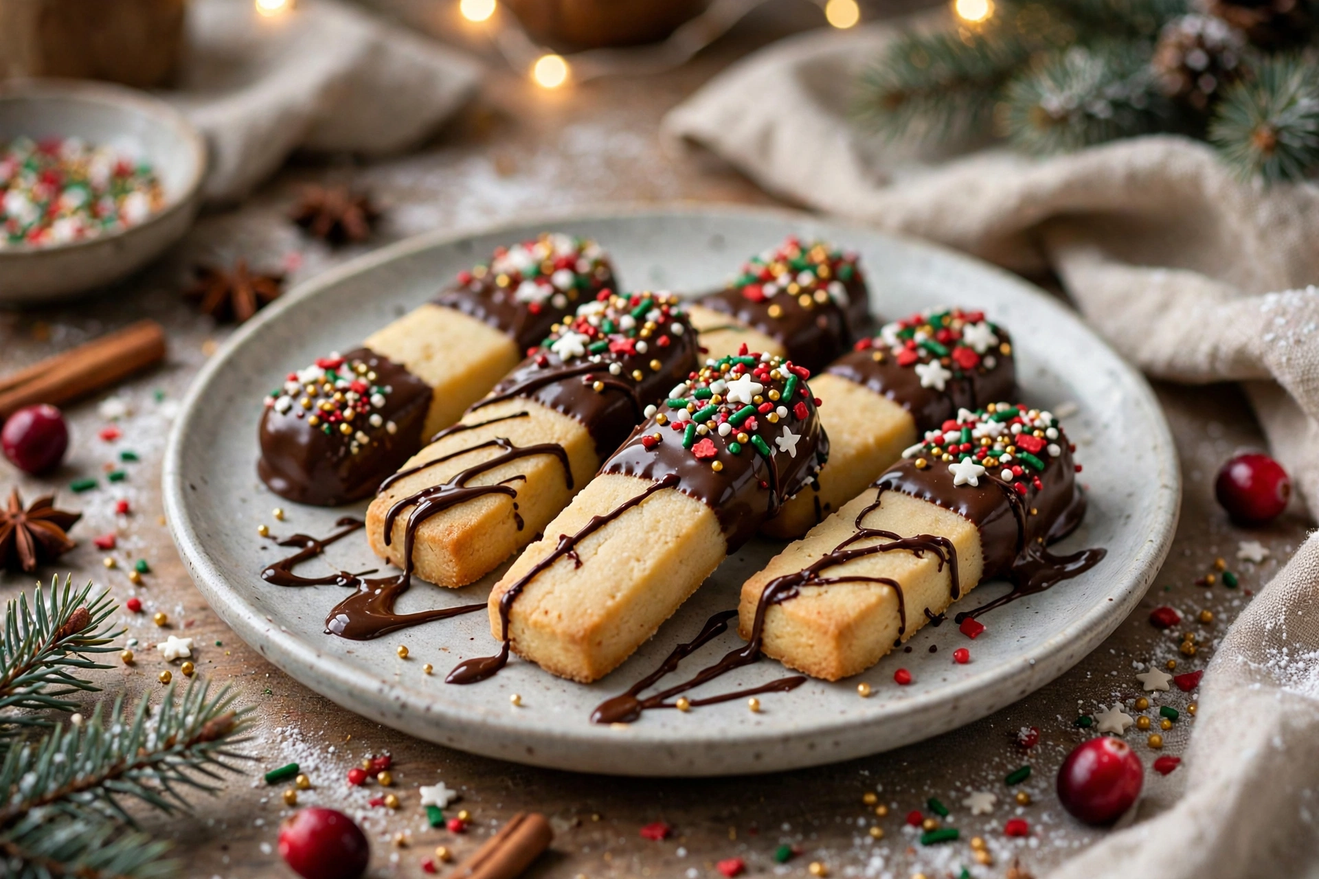 Chocolate-dipped Christmas shortbread fingers with festive sprinkles
