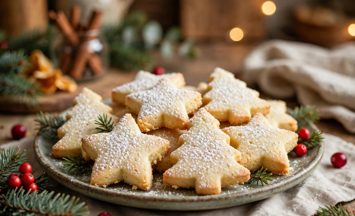 Classic Christmas shortbread cookies cut into stars and trees, dusted with powdered sugar