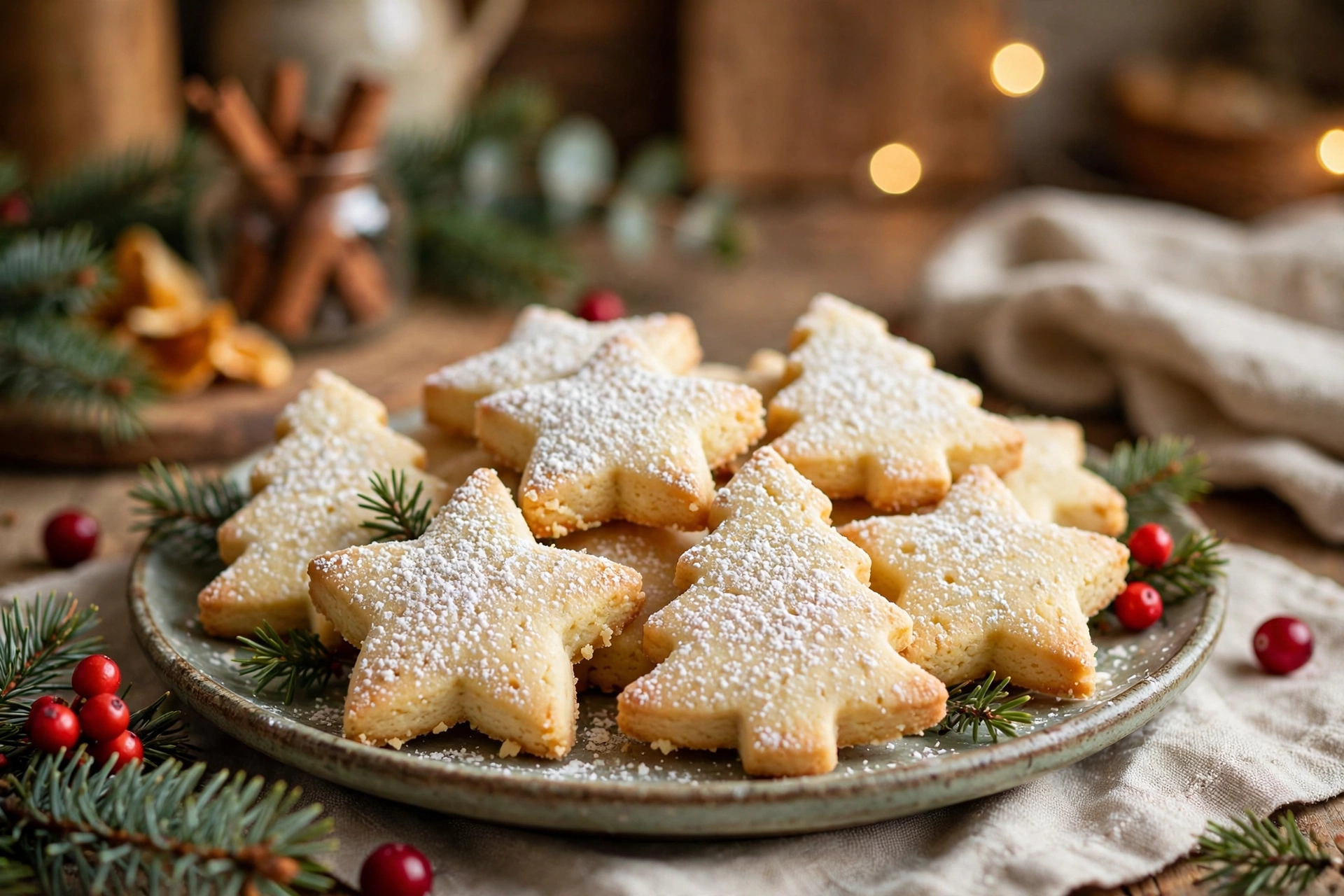 Classic Christmas shortbread cookies cut into stars and trees, dusted with powdered sugar