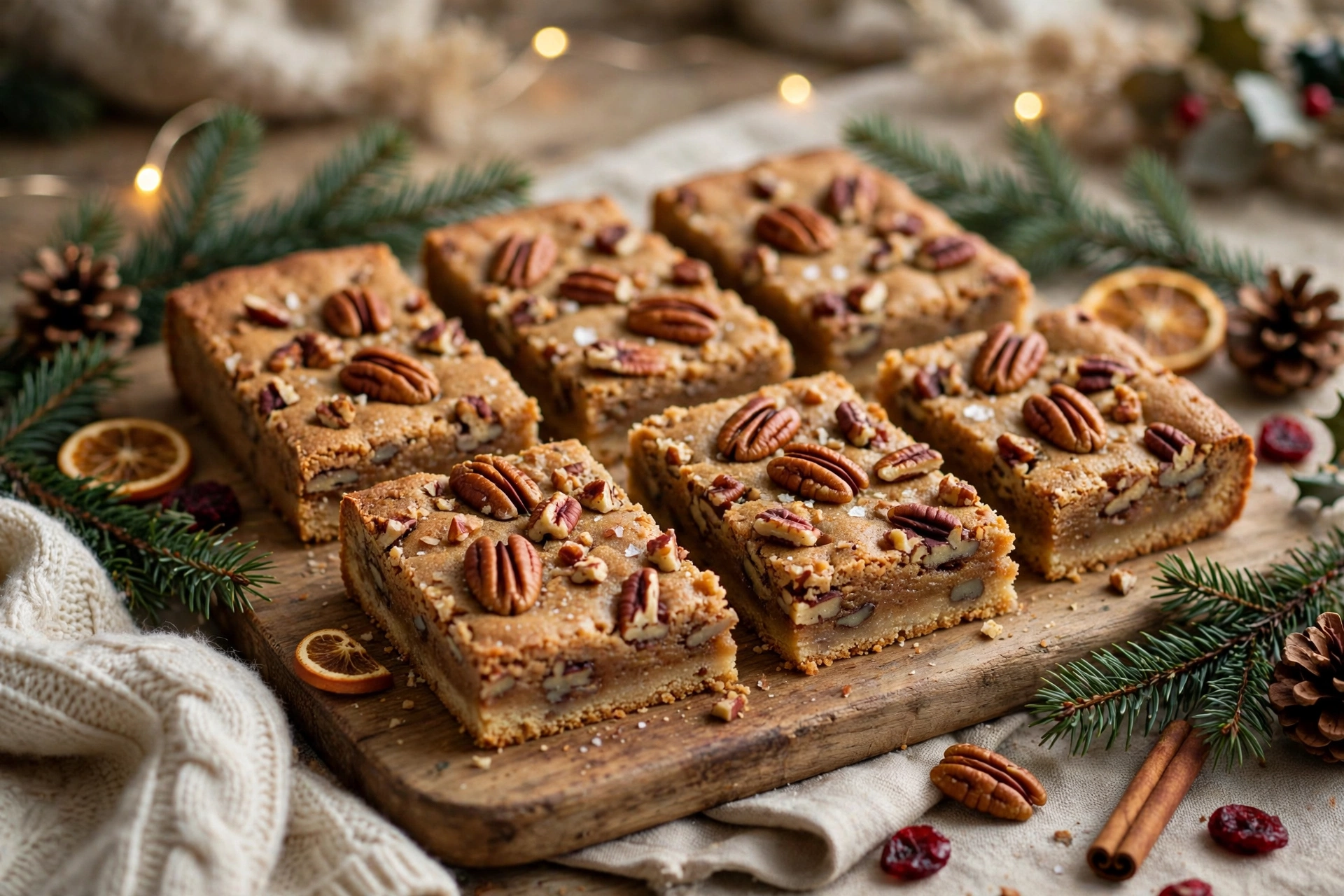 Brown butter pecan Christmas shortbread bars with toasted pecans