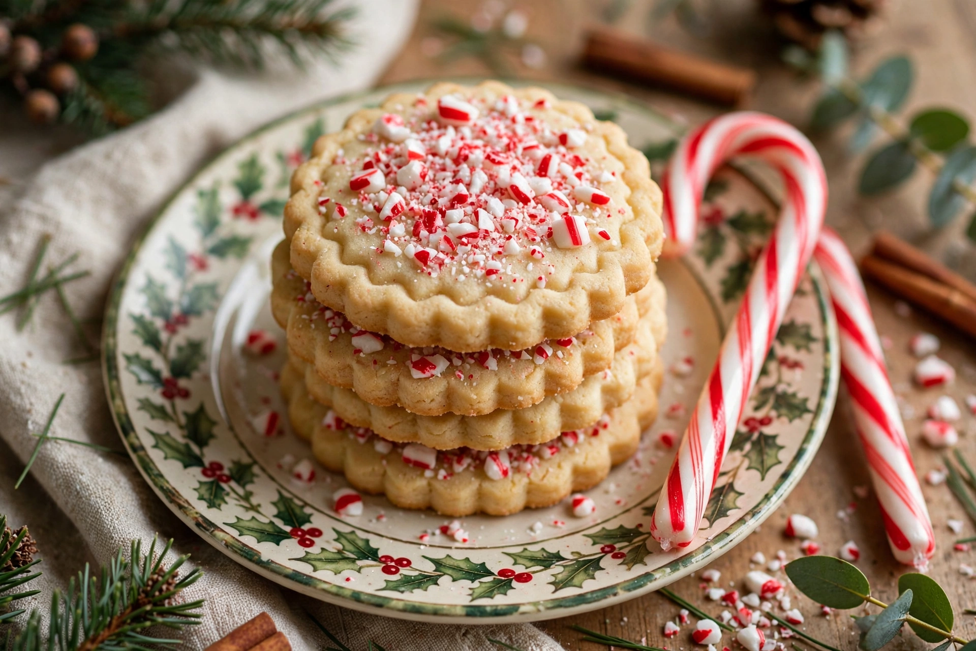 Peppermint Christmas shortbread cookies topped with crushed candy canes
