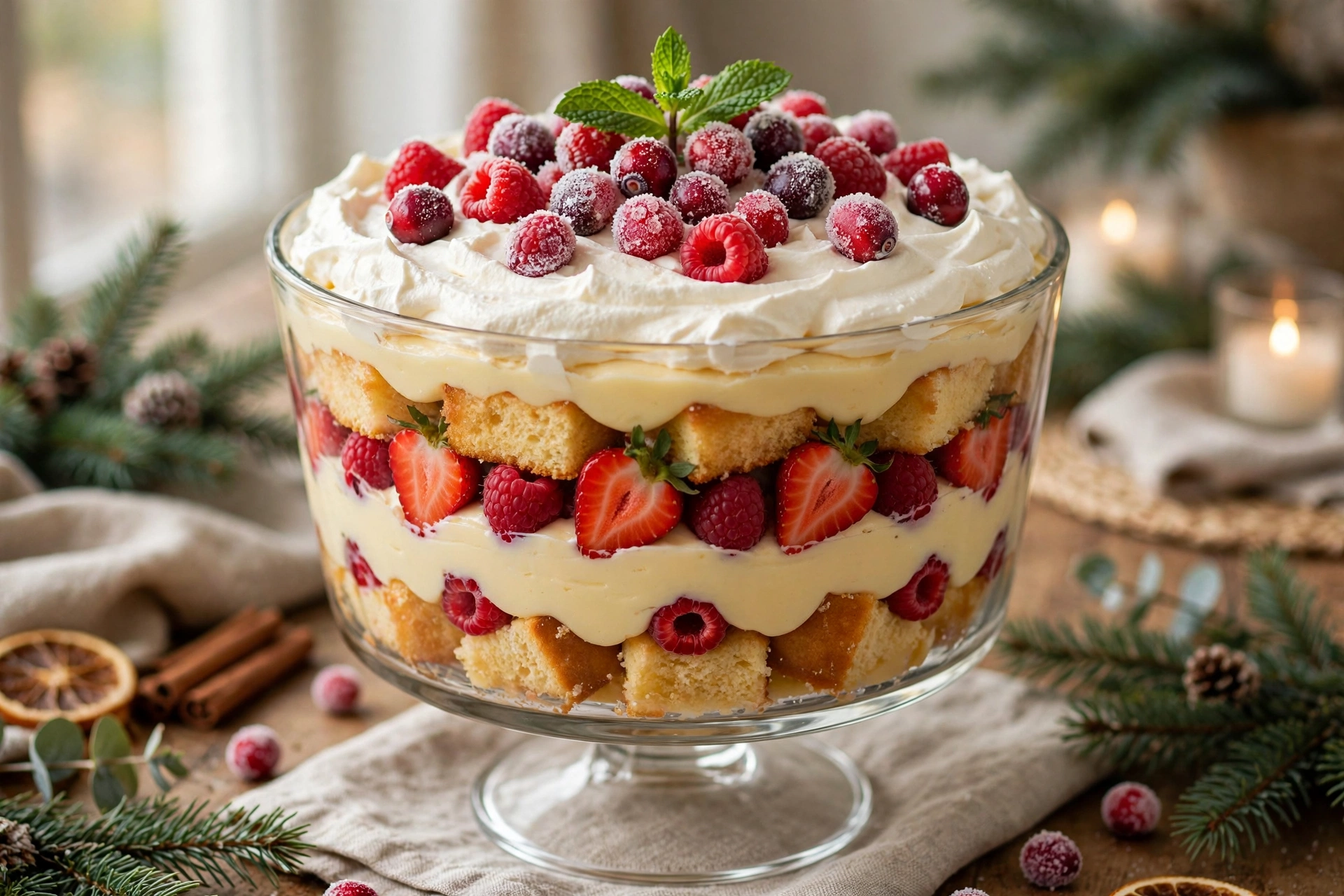 Classic Christmas trifle in a glass bowl layered with sponge cake, vanilla custard, fresh berries, and whipped cream