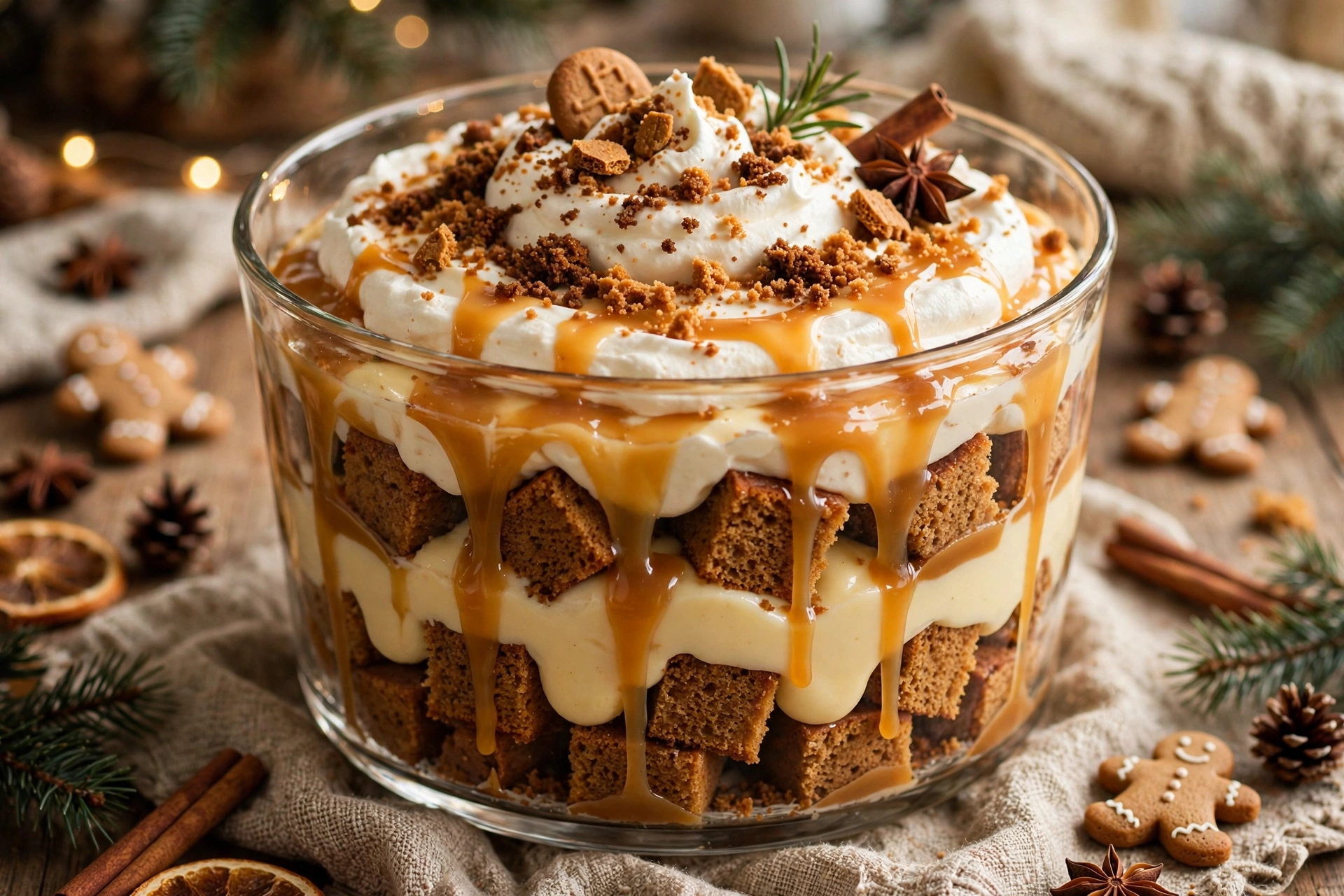 Gingerbread caramel Christmas trifle with spiced cake layers and whipped cream