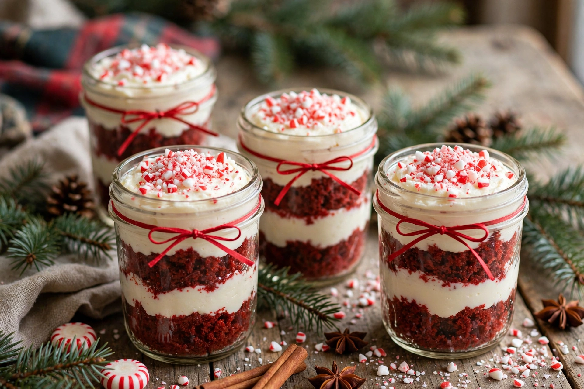 Mini mason jar Christmas trifles with red velvet cake and peppermint cream