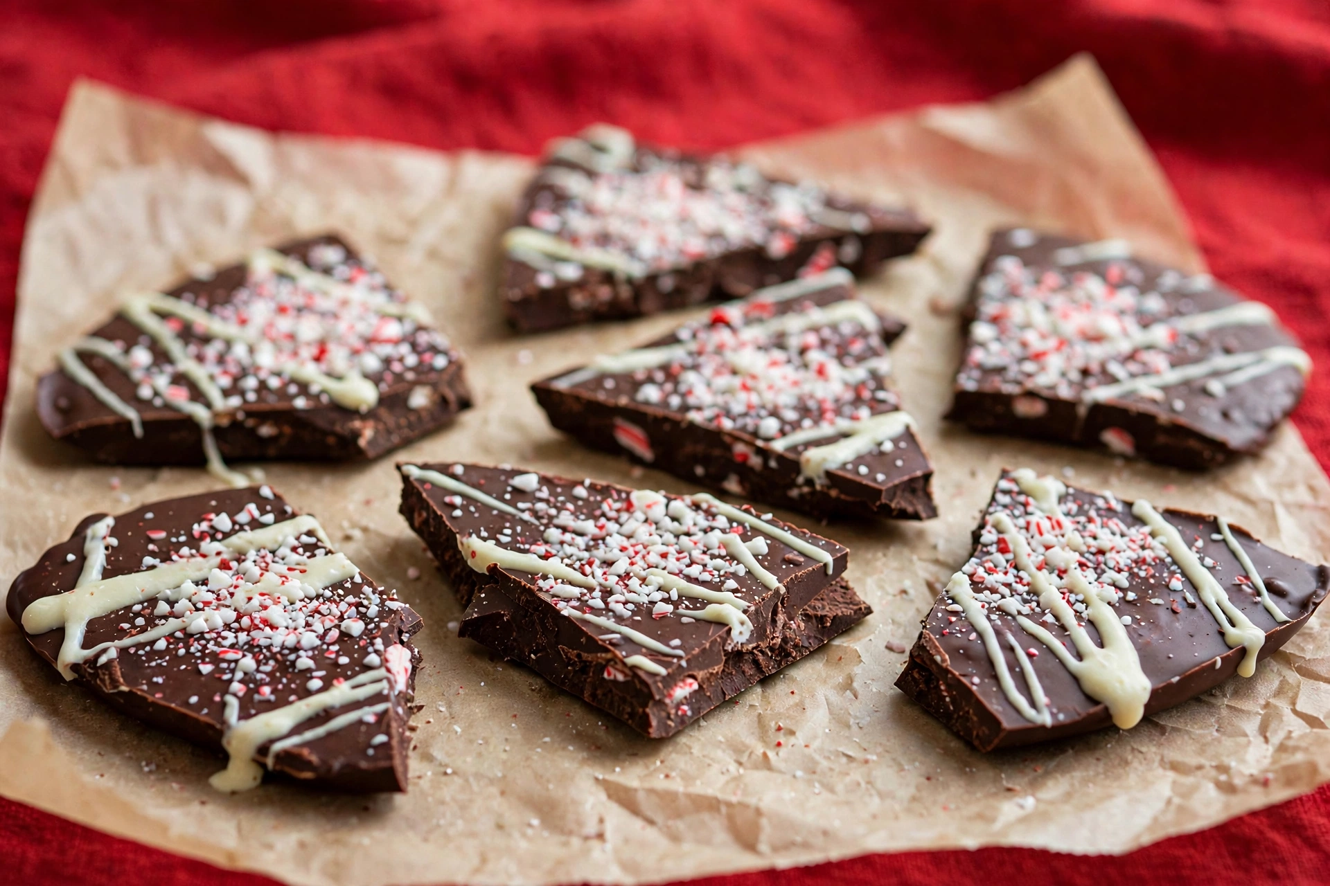 No bake Christmas chocolate bark with crushed candy canes and white chocolate drizzle broken into pieces