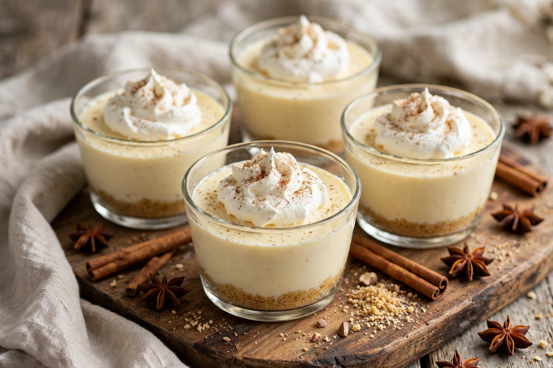 Creamy eggnog no bake cheesecake cups topped with whipped cream and a dusting of nutmeg
