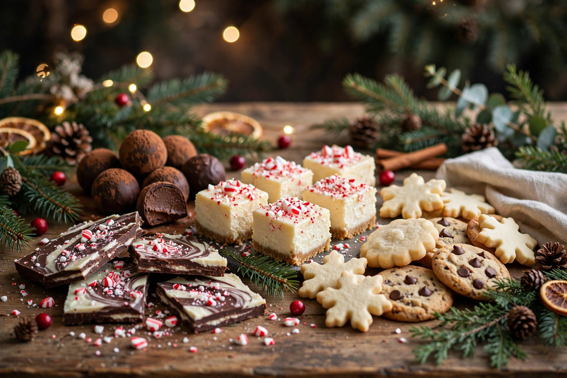 Festive spread of no bake Christmas desserts with peppermint bark, chocolate truffles and candy cane cheesecake bites