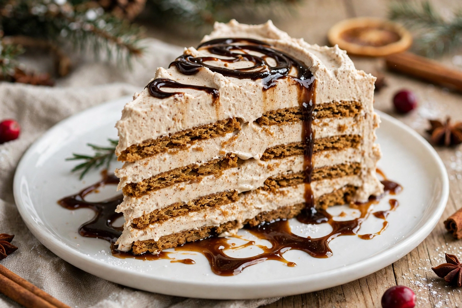 Slice of no bake gingerbread icebox cake with layers of spiced cream and gingersnap cookies