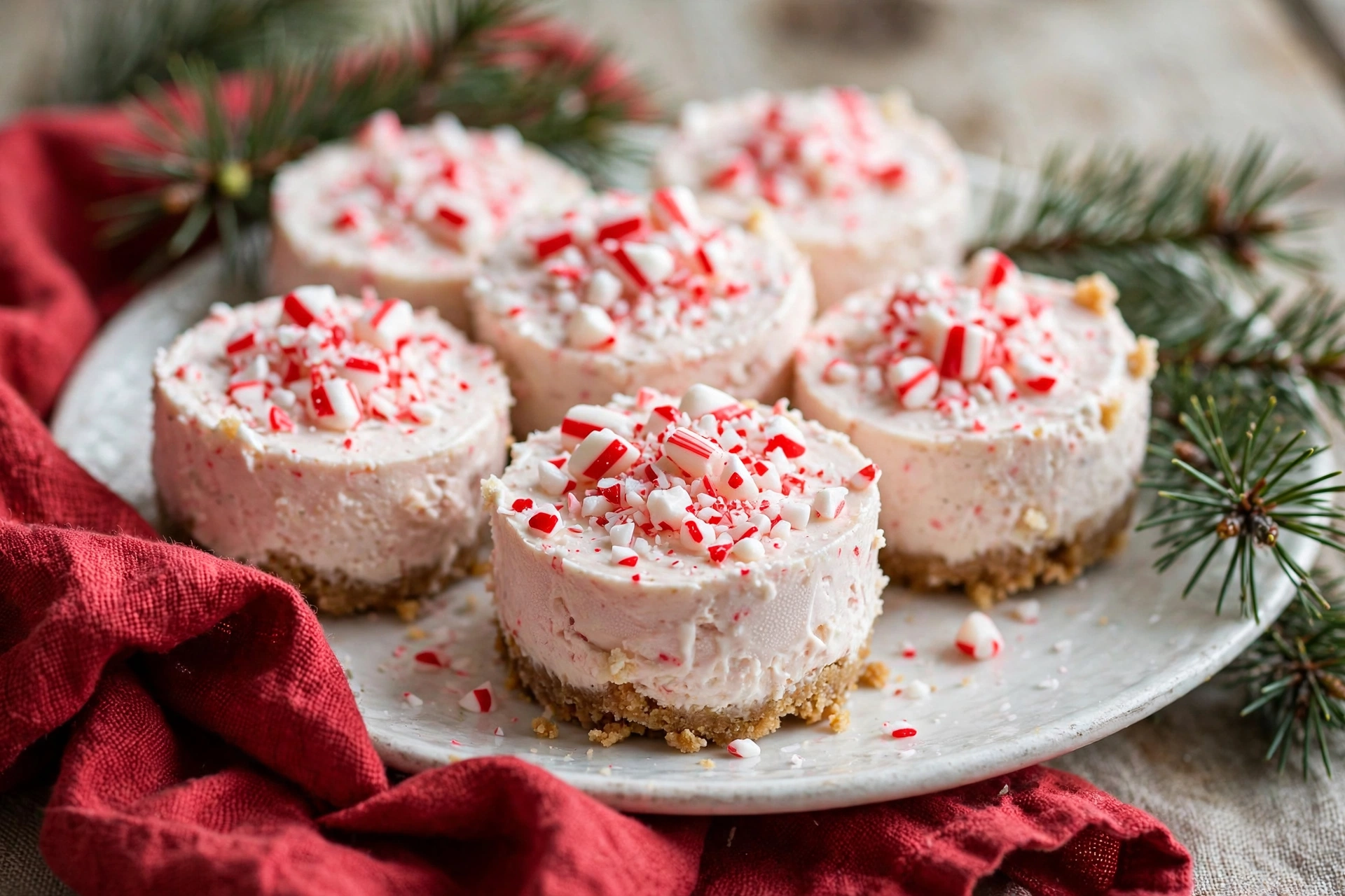 No bake peppermint cheesecake bites topped with crushed candy canes on a white plate