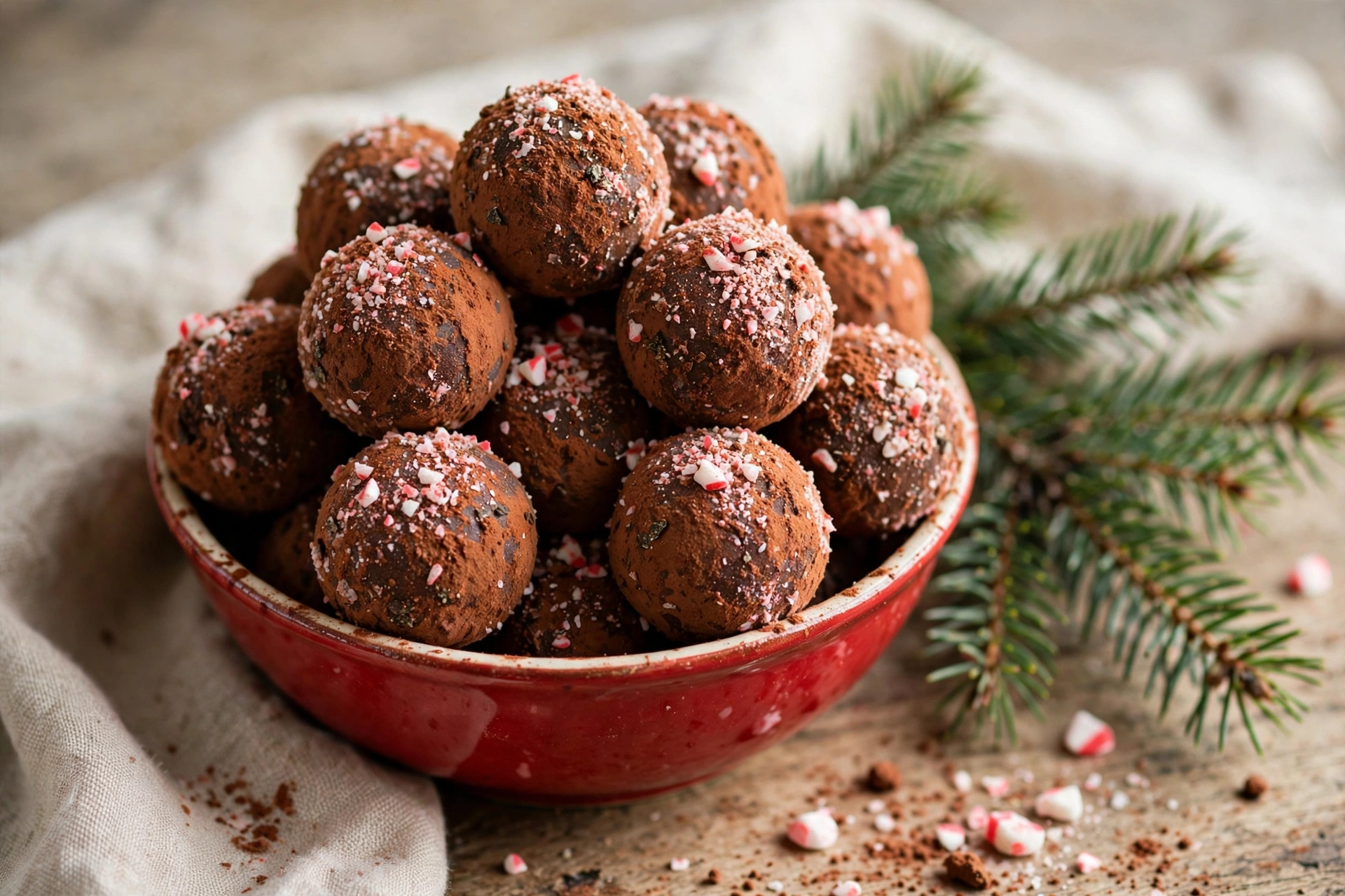 No bake Christmas chocolate truffles rolled in cocoa powder and crushed peppermint in a festive bowl